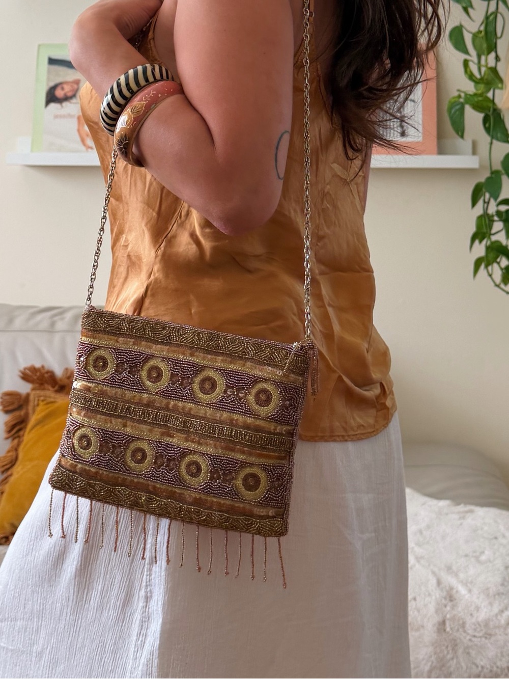 Y2K Fully Beaded Gold and Purple Crossbody Bag